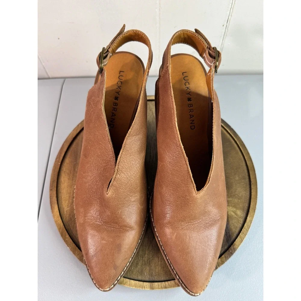 Lucky Brand Aroyli Slingback Mules Womens 8 Brown Good Leather V-Cut Block Heel - Picture 13 of 14